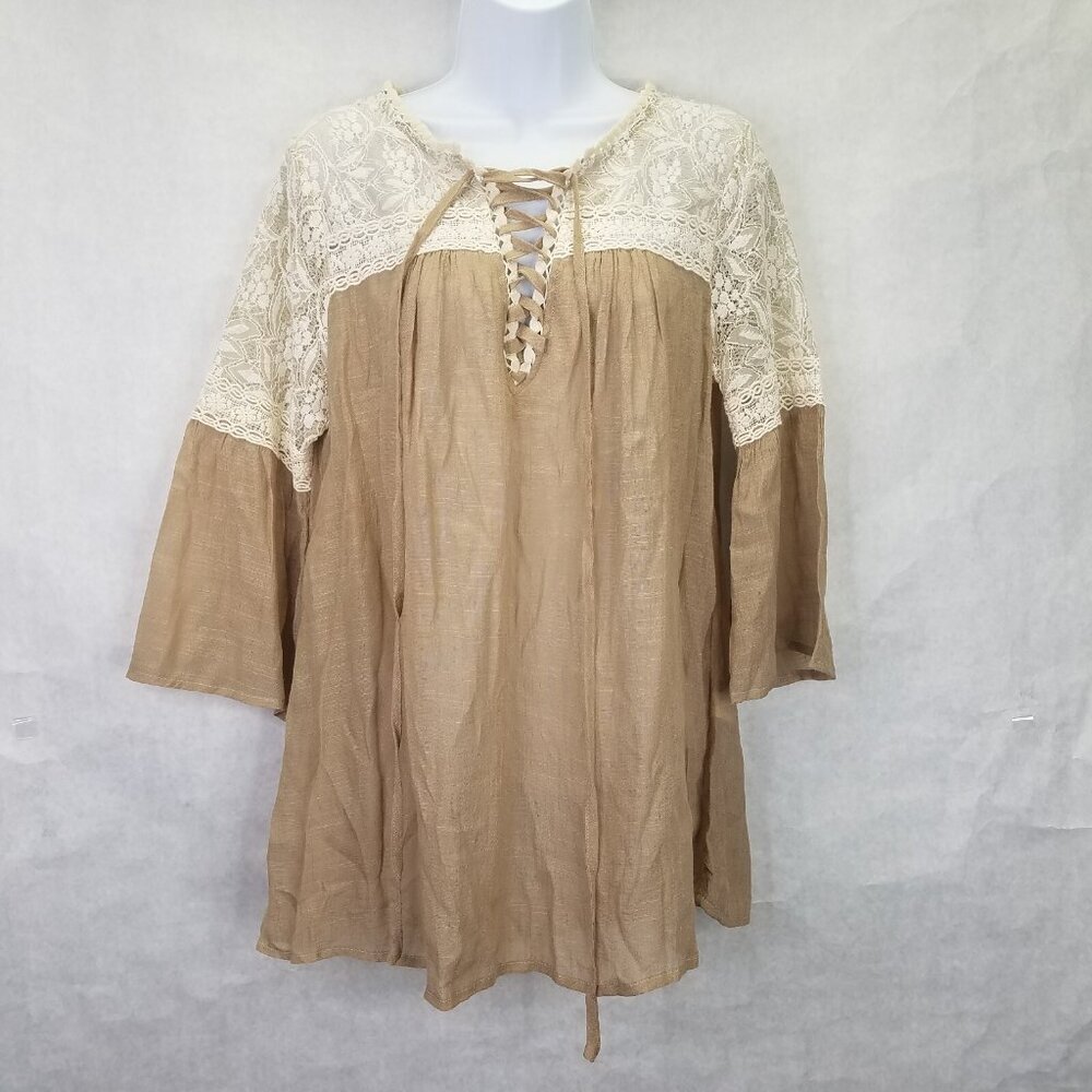 A’reve Anthropologie Blouse Lace up Women L Bell Sleeves Romantic Fairy Ethereal